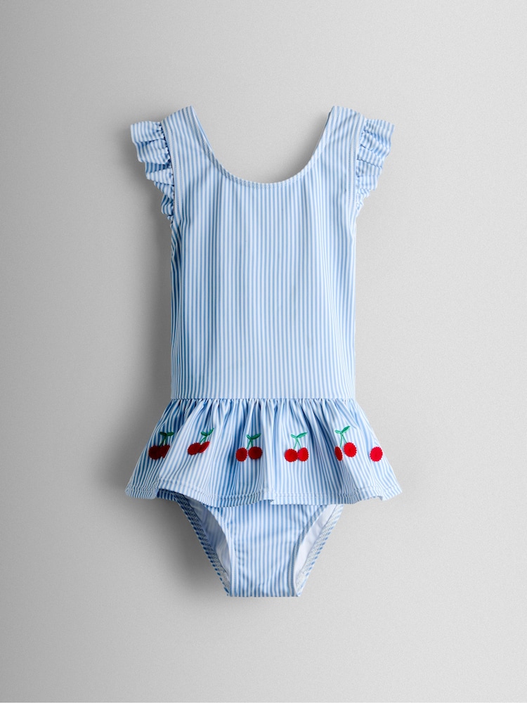JoJo Maman Bébé Blue Stripe Cherry Frill Swimsuit - Image 2 of 4 JoJo Maman Bébé Blue Stripe Cherry Frill Swimsuit - Image 2 of 4