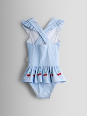 JoJo Maman Bébé Blue Stripe Cherry Frill Swimsuit - Image 3 of 4