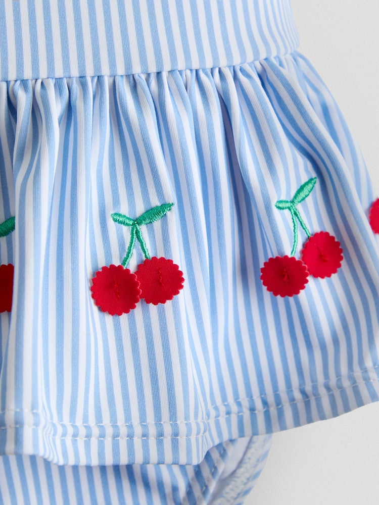 JoJo Maman Bébé Blue Stripe Cherry Frill Swimsuit - Image 4 of 4 JoJo Maman Bébé Blue Stripe Cherry Frill Swimsuit - Image 4 of 4