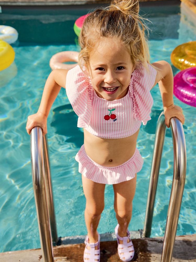 JoJo Maman Bébé Pink Cherry Stripe Textured 2-Piece Bikini Set - Image 1 of 8