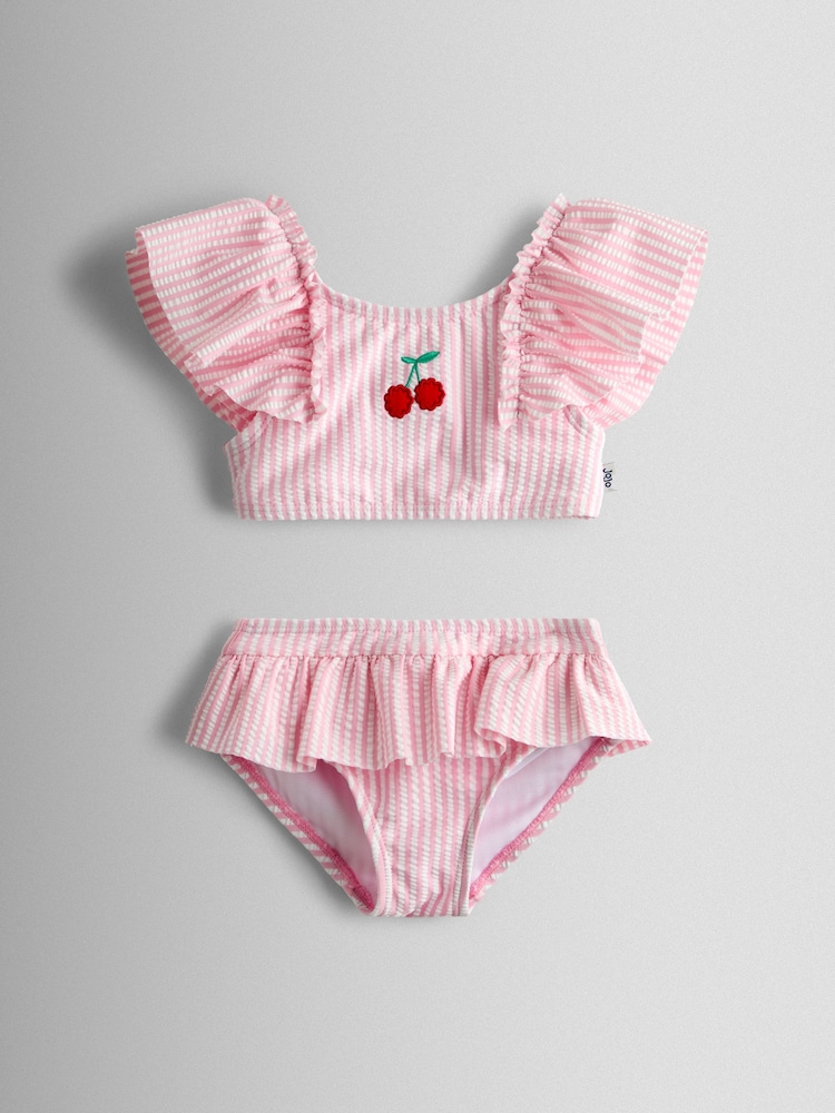 JoJo Maman Bébé Pink Cherry Stripe Textured 2-Piece Bikini Set - Image 2 of 8