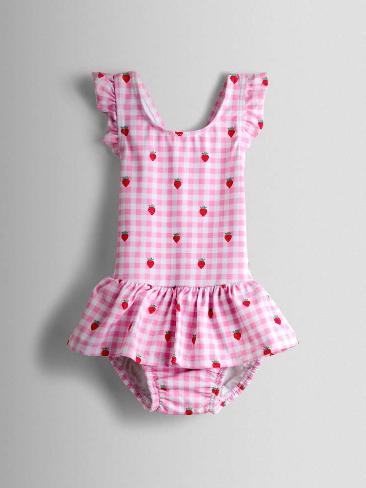 JoJo Maman Bébé Strawberry Gingham Swimsuit With Integral Nappy - صورة 1 من 4 JoJo Maman Bébé Strawberry Gingham Swimsuit With Integral Nappy - صورة 1 من 4