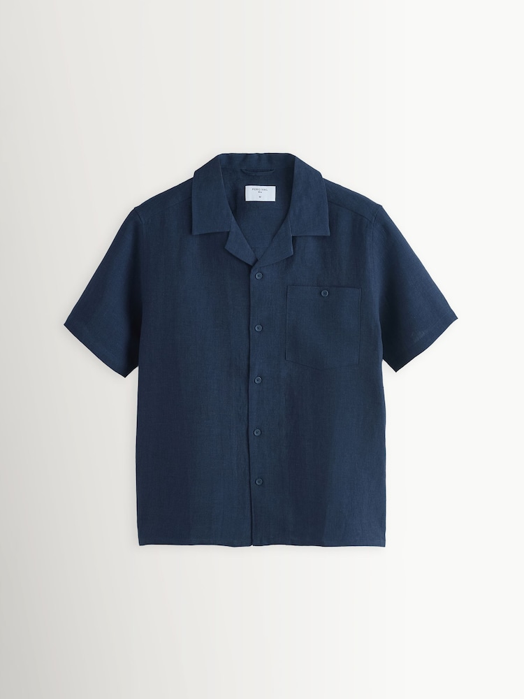 Percival Blue Short Sleeve Cuban Linen Shirt - Image 4 of 4