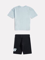 New Balance Blue Stacked Logo T-Shirt and Cycle Shorts Set - Image 2 of 5