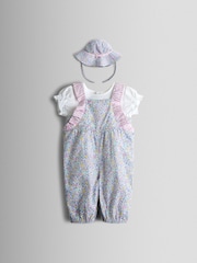 JoJo Maman Bébé Floral Spliced Dungarees T-Shirt and Hat Set - Imaginea 1 din 9