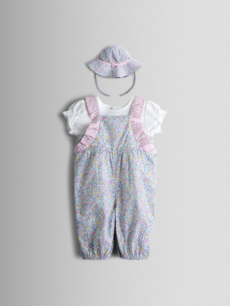 JoJo Maman Bébé Floral Spliced Dungarees T-Shirt and Hat Set - Imaginea 1 din 9