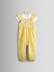 JoJo Maman Bébé Yellow Smocked Dungaree, T-Shirt & Headband Set - Image 1 of 8
