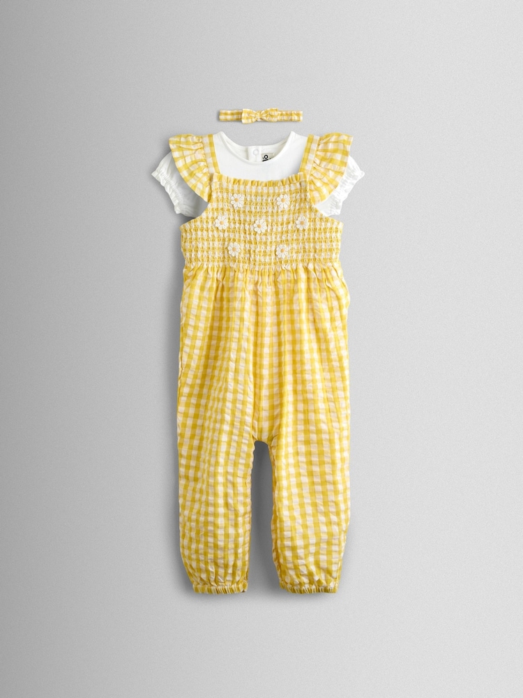 JoJo Maman Bébé Yellow Smocked Dungaree, T-Shirt & Headband Set - Image 1 of 8