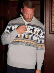 BadRhino Big & Tall Grey Stag Quarter Zip Fairisle Jumper - Image 1 of 6