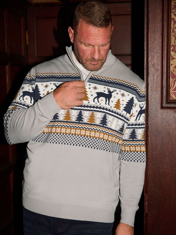 BadRhino Big & Tall Grey Stag Quarter Zip Fairisle Jumper - Image 1 of 6
