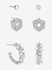 Mood Silver Tone Floral Crystal Stud Hoop Earrings Pack of 3 - Image 1 of 4