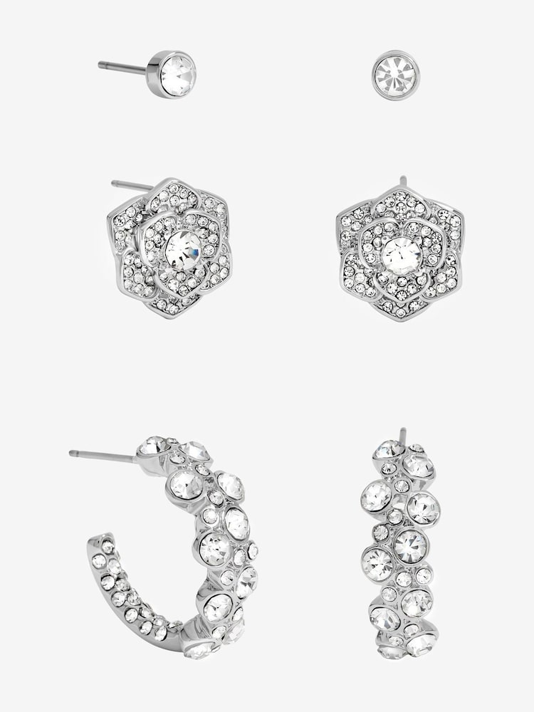 Mood Silver Tone Floral Crystal Stud Hoop Earrings Pack of 3 - Image 1 of 4