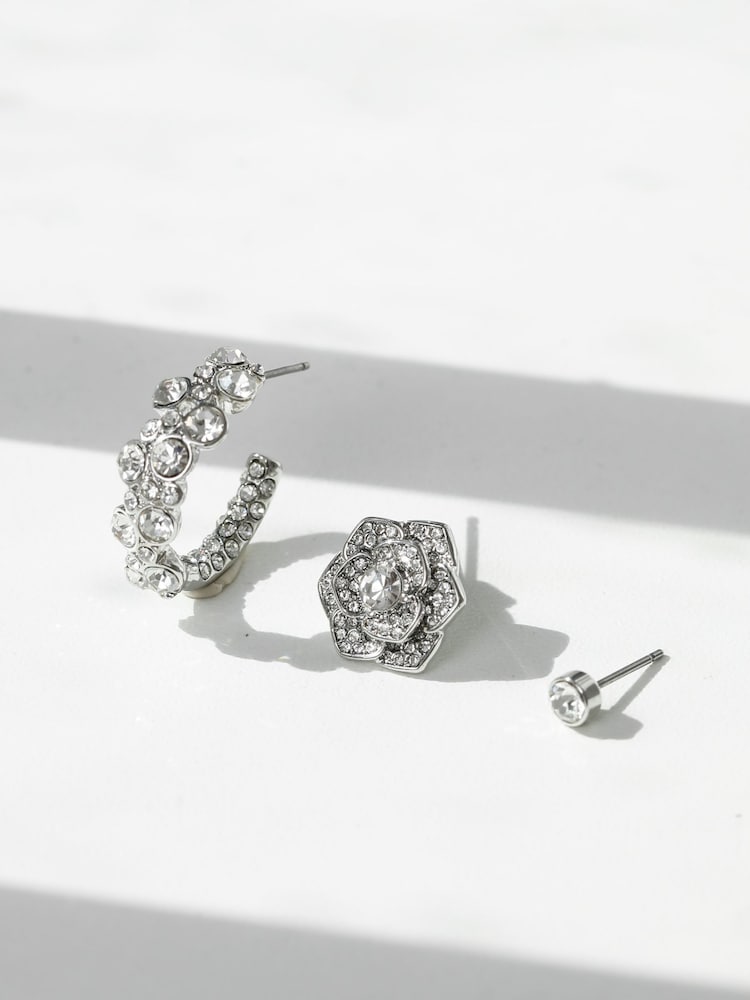 Mood Silver Tone Floral Crystal Stud Hoop Earrings Pack of 3 - Image 2 of 4
