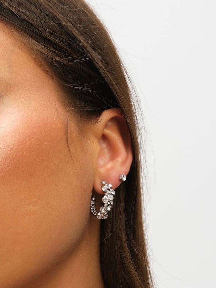 Mood Silver Tone Floral Crystal Stud Hoop Earrings Pack of 3 - Image 4 of 4