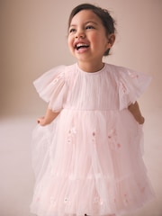 Pastel Pink Embroidered Mesh Occasion Dress (3mths-8yrs) - Image 1 of 4
