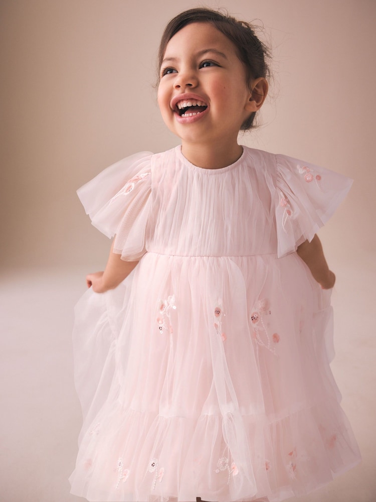 Pastel Pink Embroidered Mesh Occasion Dress (3mths-8yrs) - Image 1 of 4