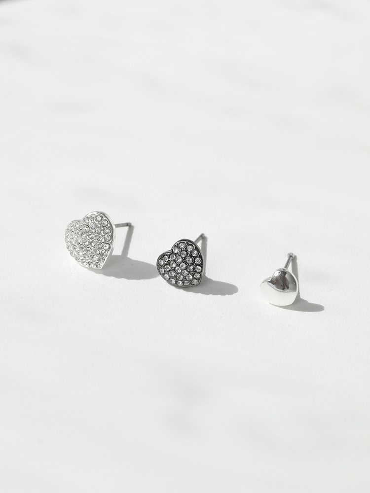 Mood Metallic Crystal Heart Stud Earrings 3 Pack - Image 1 of 3 Mood Metallic Crystal Heart Stud Earrings 3 Pack - Image 1 of 3