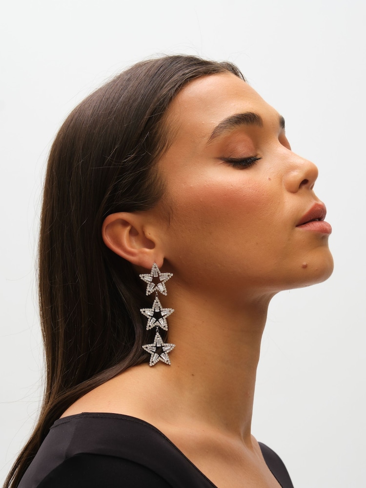 Mood Silver Tone Crystal Triple Star Statement Drop Earrings - Image 5 of 5 Mood Silver Tone Crystal Triple Star Statement Drop Earrings - Image 5 of 5