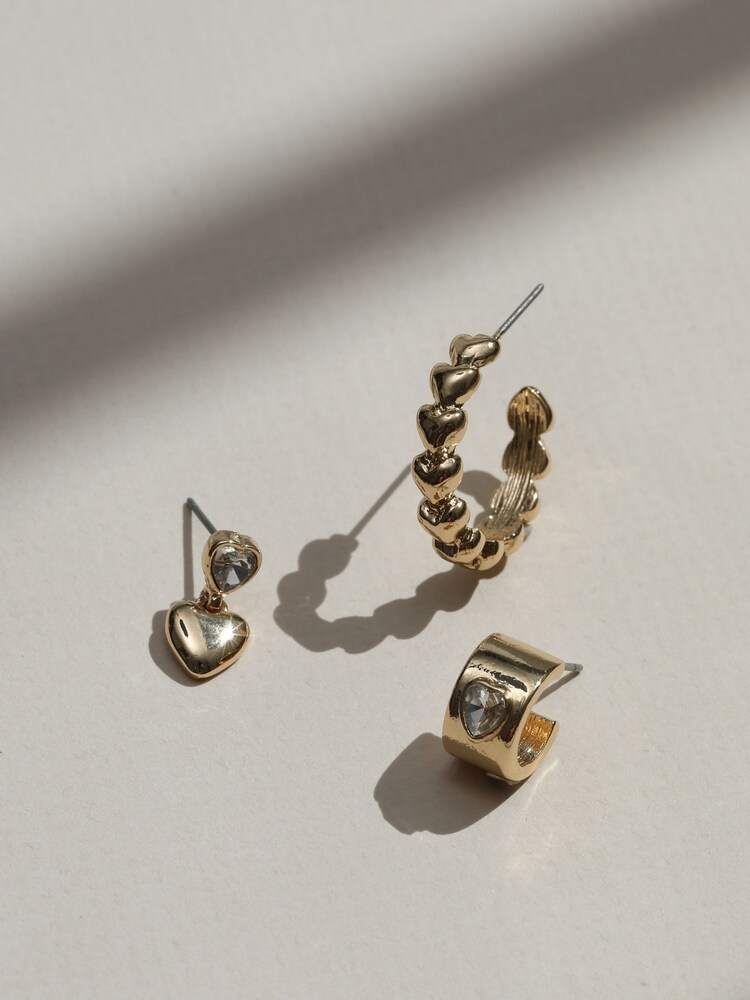 Mood Gold Tone Polished Crystal Heart Earrings Pack of 3 - Image 2 of 4