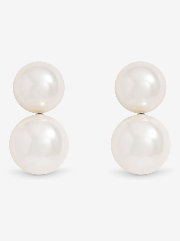 Mood Silver Tone Cream Pearl Double Drop Earrings - Image 1 of 3 Mood Silver Tone Cream Pearl Double Drop Earrings - Image 1 of 3