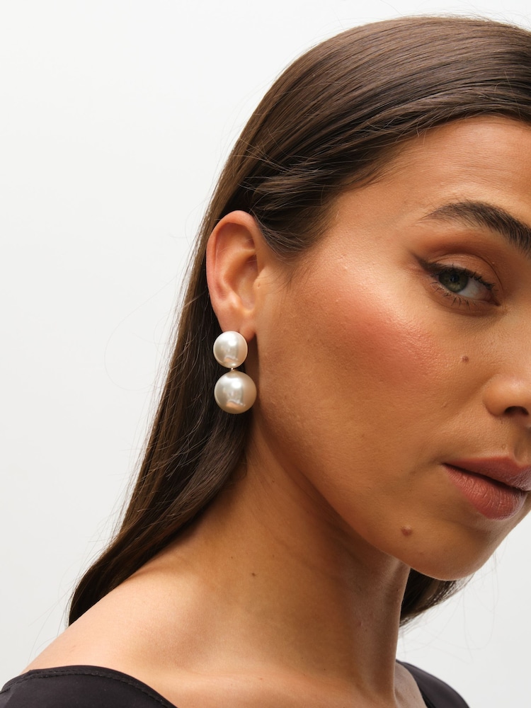 Mood Silver Tone Cream Pearl Double Drop Earrings - Image 2 of 3 Mood Silver Tone Cream Pearl Double Drop Earrings - Image 2 of 3