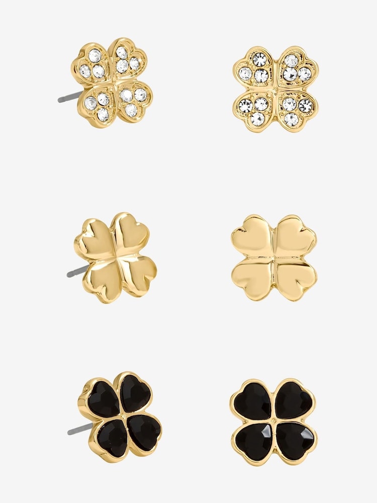 Mood Gold Tone Jet Crystal Clover Stud Earrings Pack of 3 - Image 1 of 4 Mood Gold Tone Jet Crystal Clover Stud Earrings Pack of 3 - Image 1 of 4