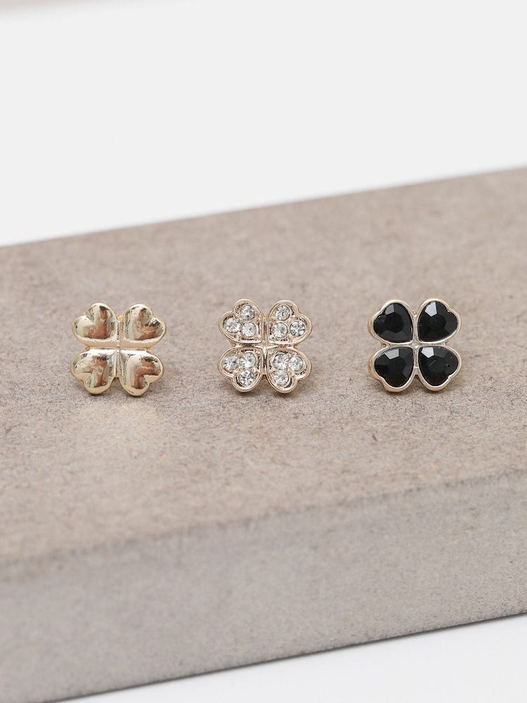 Mood Gold Tone Jet Crystal Clover Stud Earrings Pack of 3 - Image 2 of 4 Mood Gold Tone Jet Crystal Clover Stud Earrings Pack of 3 - Image 2 of 4