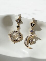 Mood Gold Tone Multi Colour Crystal Mismatch Celestial Earrings - Image 2 of 4