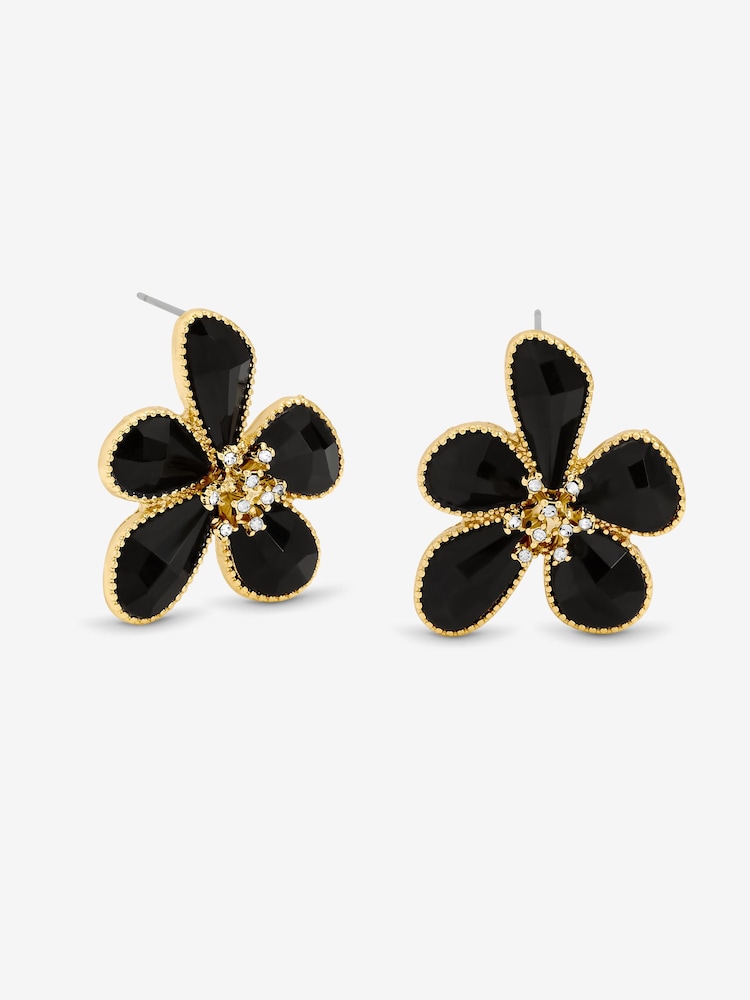 Mood Gold Tone Jet Glass Facet Flower Stud Earrings - Image 1 of 3
