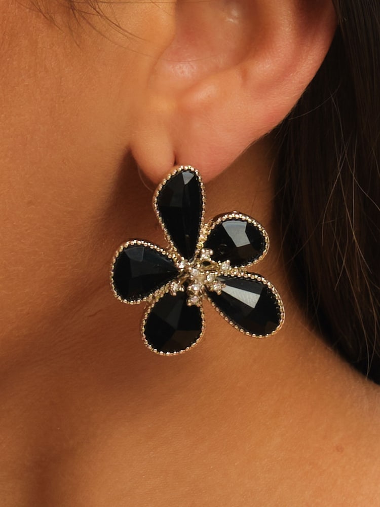 Mood Gold Tone Jet Glass Facet Flower Stud Earrings - Image 3 of 3