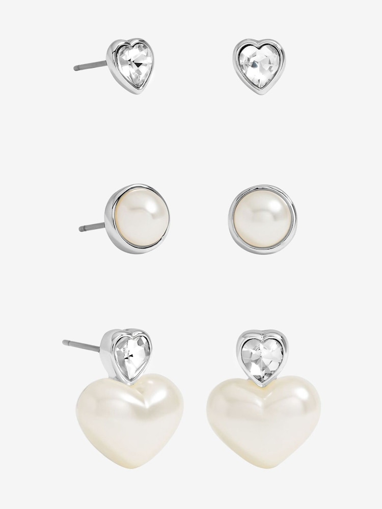Mood Silver Tone Crystal & Pearl Heart Earrings Pack of 3 - Image 1 of 3