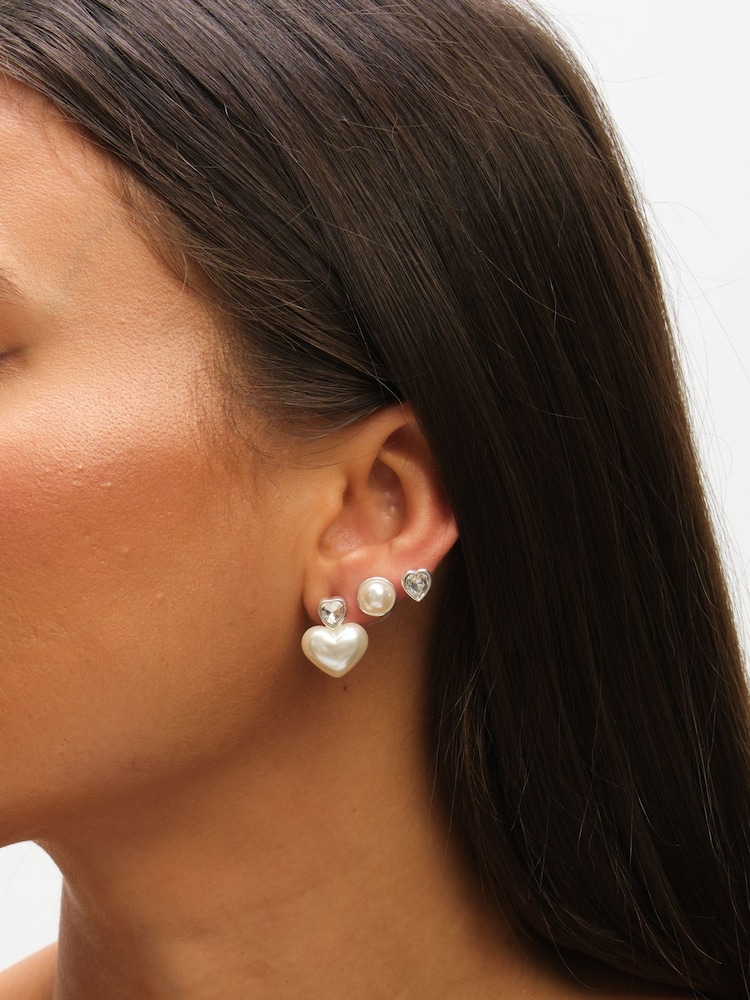 Mood Silver Tone Crystal & Pearl Heart Earrings Pack of 3 - Image 2 of 3