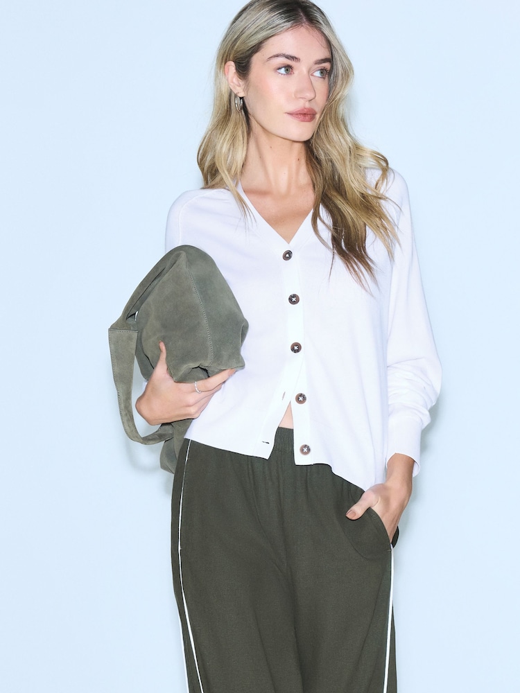 White Soft Touch V-Neck Cotton Rich Button Up Cardigan - Image 1 of 8