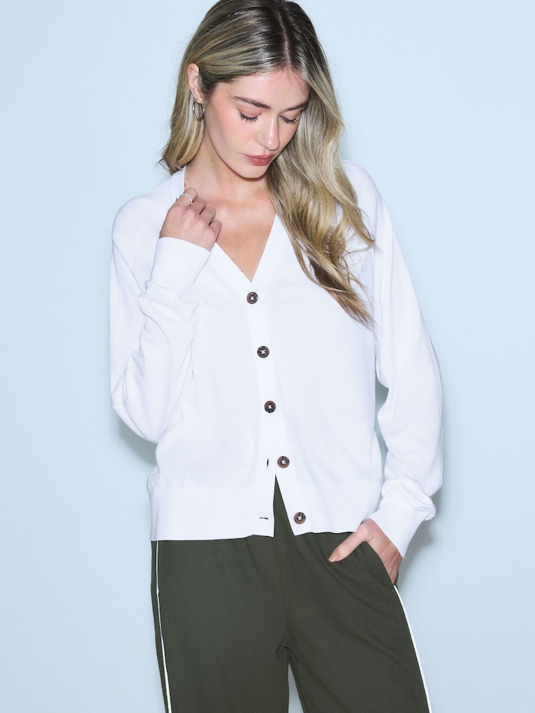 White Soft Touch V-Neck Cotton Rich Button Up Cardigan - Image 2 of 8