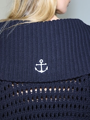 Bleumarin cu margine contrastantă - Cotton Rich Mesh Tie Front Sailor Collar Cardigan - Imaginea 5 din 9