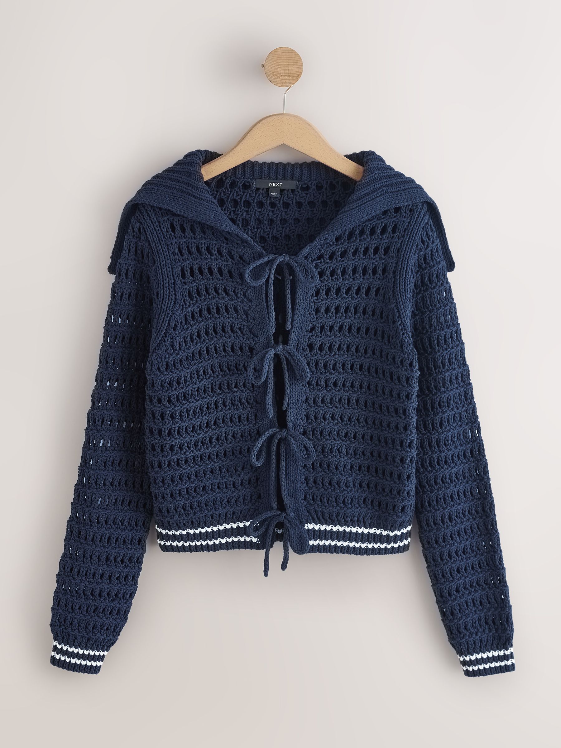 Buy Navy Blue Tipped Cotton Rich Mesh Tie Front Cardigan from the