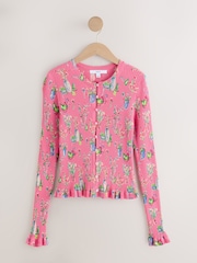 Pink Floral Print Ribbed Long Sleeve Button Up Knitted Cardigan - Image 5 of 8