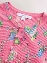 Pink Floral Print Ribbed Long Sleeve Button Up Knitted Cardigan - Image 6 of 8