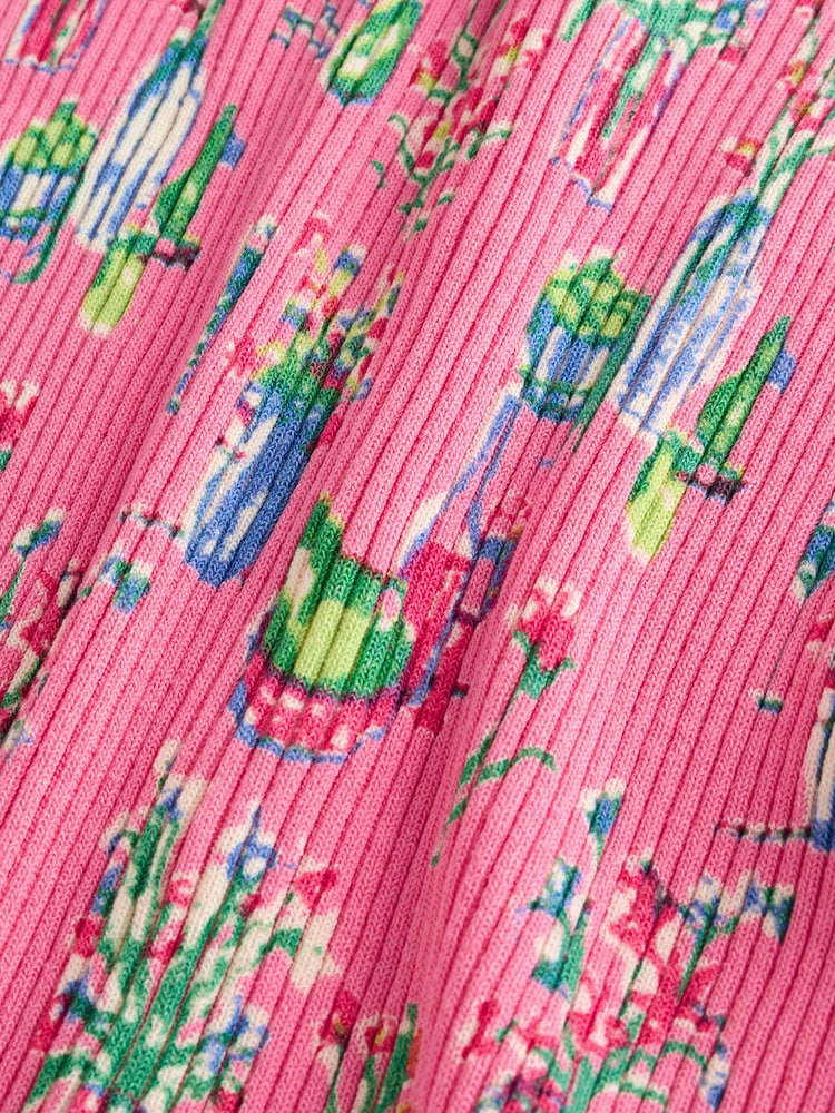 Pink Floral Print Ribbed Long Sleeve Button Up Knitted Cardigan - Image 8 of 8