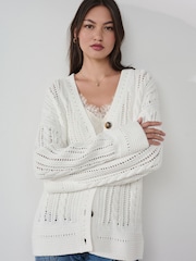 White 100% Cotton Cricket Style Cable Knit Cardigan - Image 1 of 8