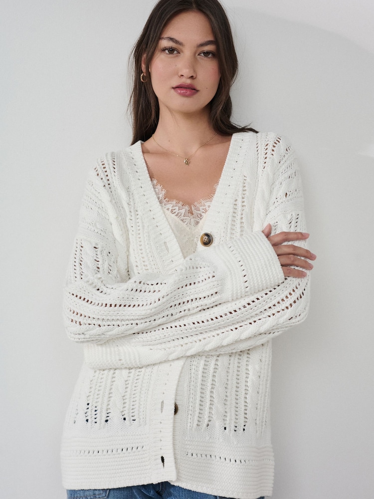 White 100% Cotton Cricket Style Cable Knit Cardigan - Image 1 of 8