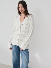 White 100% Cotton Cricket Style Cable Knit Cardigan - Image 2 of 8