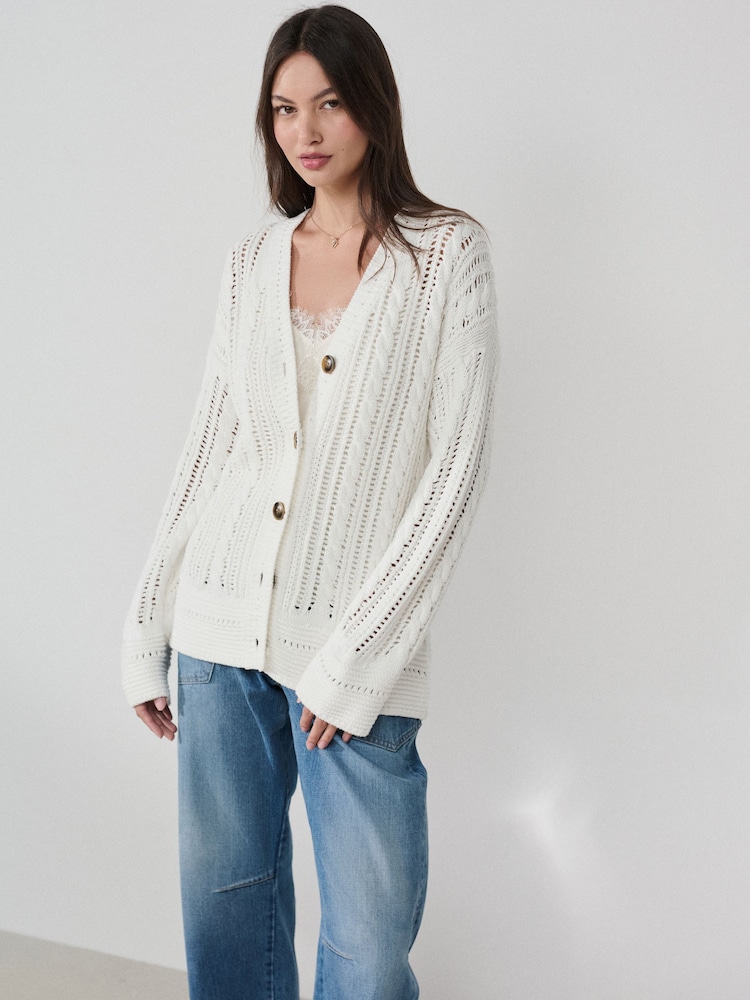 White 100% Cotton Cricket Style Cable Knit Cardigan - Image 2 of 8