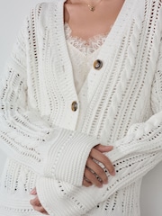 White 100% Cotton Cricket Style Cable Knit Cardigan - Image 5 of 8