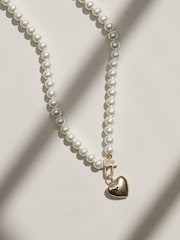 Mood Gold Tone Cream Pearl Polished Padlock Short Necklace - Image 2 of 4