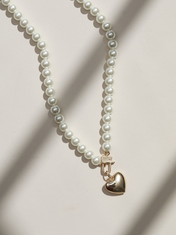 Mood Gold Tone Cream Pearl Polished Padlock Short Necklace - Image 2 of 4