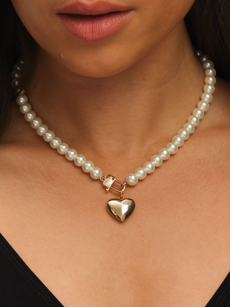 Mood Gold Tone Cream Pearl Polished Padlock Short Necklace - Image 4 of 4