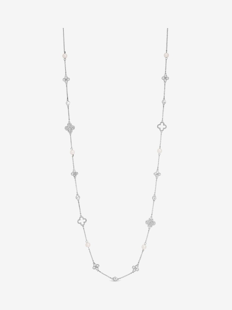 Mood Silver Tone Crystal Mother of Pearl Clover Station Long Necklace - Image 1 of 3