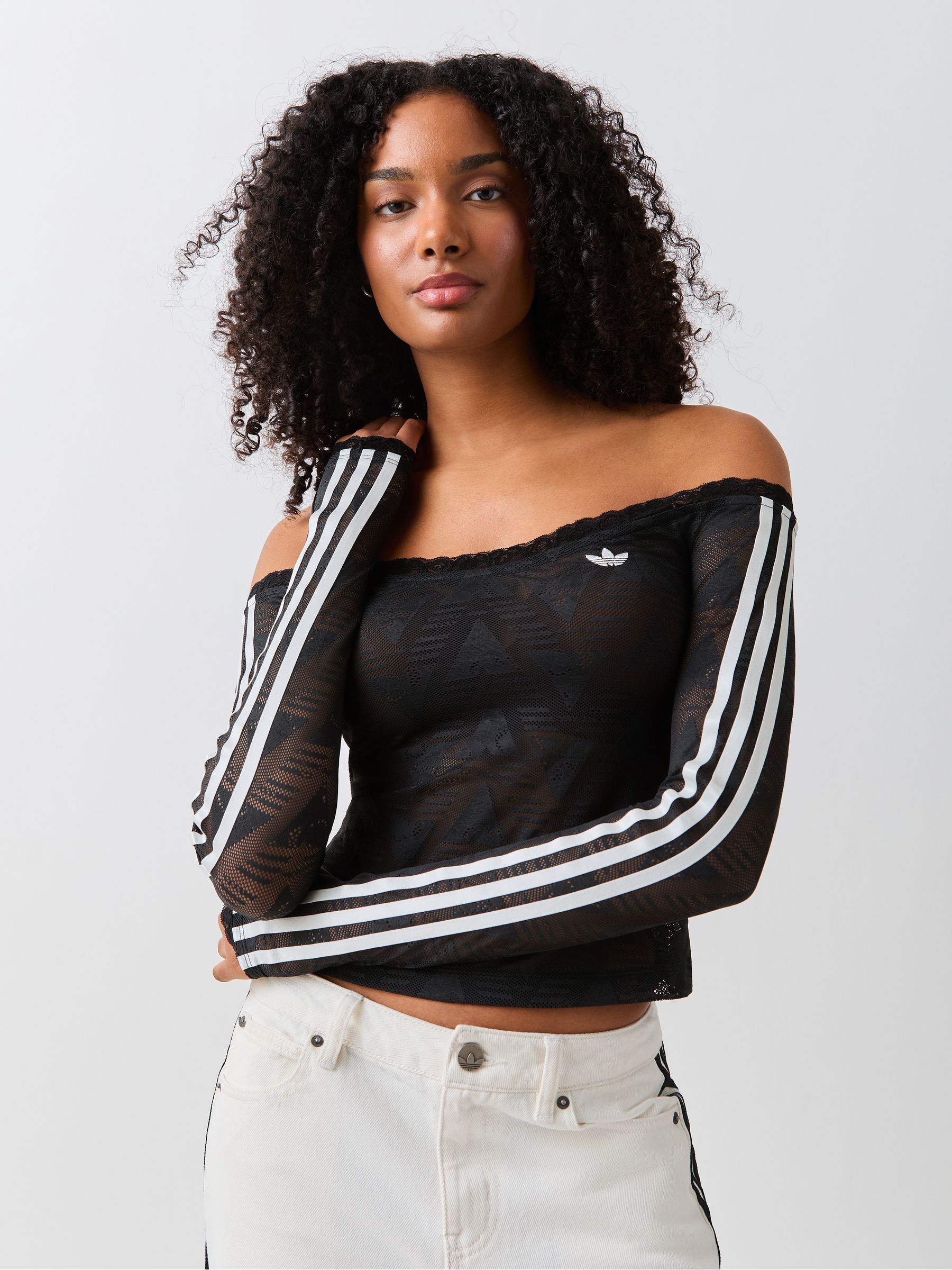 Buy adidas Originals Black Lace Long Sleeve Bardot Top from the