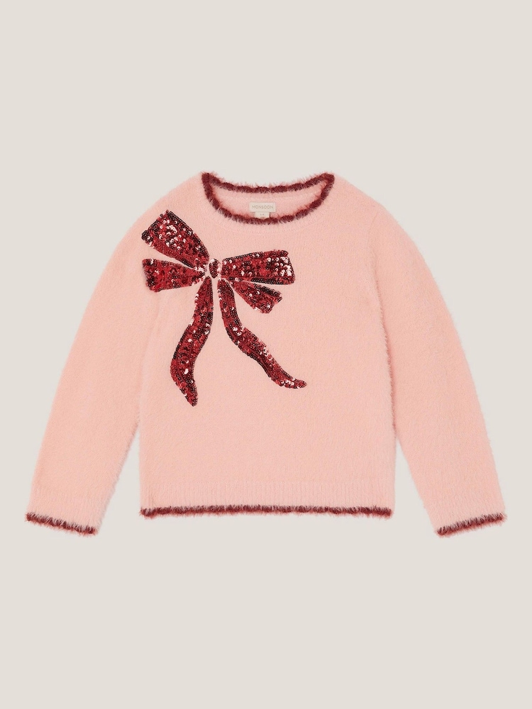 Monsoon Pink Sequin Bow Fuzzy Jumper - Image 1 of 3 Monsoon Pink Sequin Bow Fuzzy Jumper - Image 1 of 3